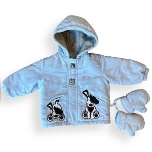 Vtg Le Petit Rothschild Baby Boy 12M Blue Puppy Jacket Quilted Coat Mittens 90s